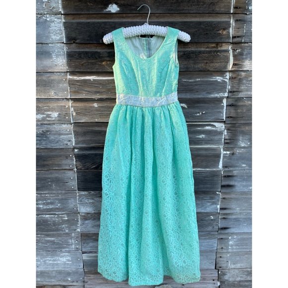 Vintage 1960 Lace Aqua Green Maxi Dress - Picture 12 of 14